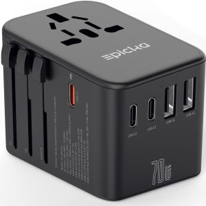 EPICKA Universal Travel Adapter, GaN International Plug Adapter with 3 USB-C 70W PD Fast Charging & 2 USB-A Adaptor All-in-one Wall Charger for USA EU UK AUS (TA-105 Pro, Black)